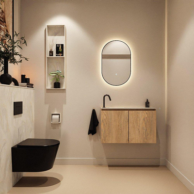 MONDIAZ TURE-DLUX Meuble toilette - 80cm - Washed Oak - EDEN - vasque Ostra - position gauche - 1 trou de robinet