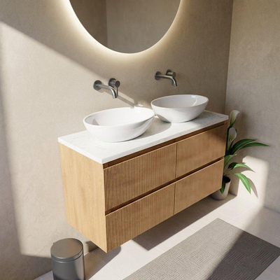 Saniclass Holz Atelier Ensemble meuble de salle de bains - 120x45x63cm - Plan vasque en marbre Dia poli (blanc) - sans trou de robinetterie - 2 tiroirs - chêne natural mat (bois)