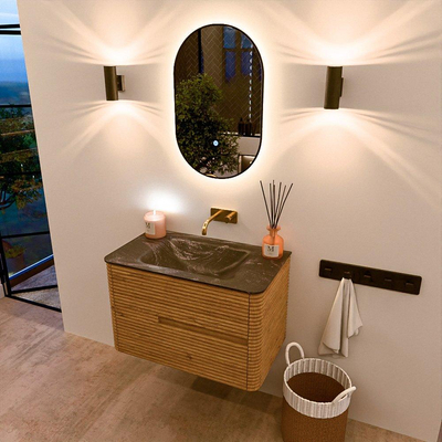 Mondiaz CIRO-DLUX Badkamermeubelset - 80x45x50cm - Solid surface wastafel Lava - 1 wasbak Midden - zonder kraangaten - 2 lades - Oak
