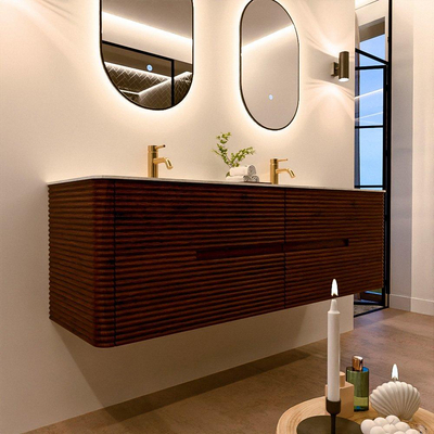 Mondiaz CIRO-DLUX Badkamermeubelset - 160x45x50cm - Solid surface wastafel Opalo - 2 wasbak Dubbel - 2 kraangaten - 4 lades - Ruby