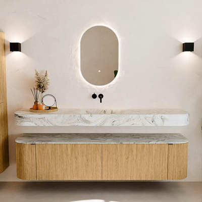 MONDIAZ THOR-DLUX Meuble de salle de bains - 190cm - arrondi gauche + droite - couleur Oak - 2 tiroirs et 2 portes - Vasque suspendue CLOUD Milieu sans trou de robinet - couleur Glace