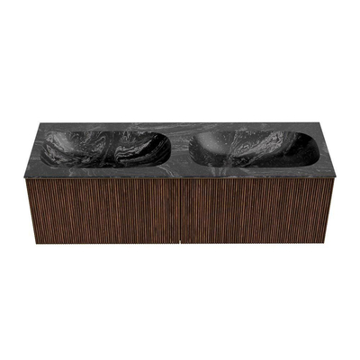 MONDIAZ KURVE-DLUX 140cm badmeubel kleur Walnut met 2 lades. Wastafel STOR SMALL dubbel zonder kraangat kleur Lava.