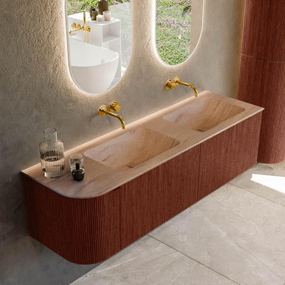 MONDIAZ KURVE-DLUX Meuble de salle de bains 155 cm arrondi à gauche couleur Ruby avec 2 tiroirs et 1 porte. Lavabo LEAF Double / Droite sans trou de robinet Saba.