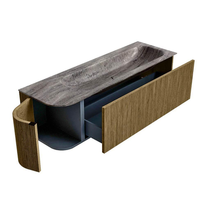 MONDIAZ KURVE-DLUX Meuble de salle de bains 145cm arrondi à gauche couleur Dusk avec 1 tiroir et 1 porte. Lavabo BIG LARGE à droite 2 trous de robinet Oza.