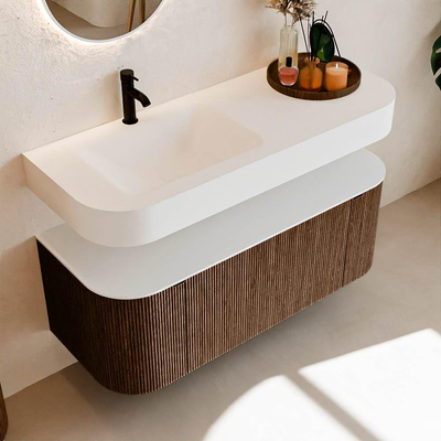 MONDIAZ THOR 120cm meuble de salle de bains arrondi gauche + droite couleur Walnut avec 1 tiroir et 2 portes. Vasque suspendue CLOUD gauche 1 trou de robinet couleur Talc.