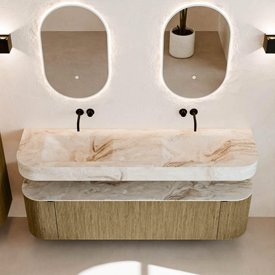 MONDIAZ THOR-DLUX Meuble de salle de bains 170cm arrondi gauche + droite couleur Dusk avec 1 tiroir et 2 portes. Vasque suspendue CLOUD Double sans trou de robinet couleur Frappe.