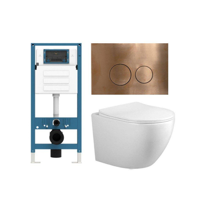 FugaFlow Eccelente Press – Ensemble WC – 56 × 38 × 35 cm – à évacuation profonde – sans bride – réservoir encastré – fermeture amortie (soft-close) – déclipsage rapide (quick release) – abattant WC – plaque de commande métallique en cuivre – boutons ronds