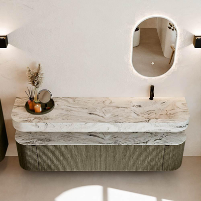 MONDIAZ THOR-DLUX Meuble de salle de bains - 190cm - arrondi gauche + droite - couleur Shadow - 2 tiroirs - 2 portes - Vasque suspendue CLOUD Droite 1 trou de robinet - couleur Glace