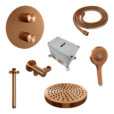 BRAUER Stripe Thermostatische Inbouw Regendouche - 3-weg - rond - SET 42 - 25cm douchekop - plafondarm - 3-standen handdouche - doucheslang - wandaansluitbocht - koper geborsteld PVD