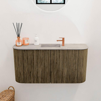 Mondiaz JOYA-DLUX 83.2cm meuble de salle de bains - arrondis gauche et droite couleur Dusk - Vasque FAYE position Milieu 1 trou de robinet couleur Glace.