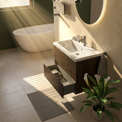 Saniclass Holz Atelier Ensemble meuble de salle de bains - 80x45x63.5cm - lavabo en céramique Bari blanc - 1 vasque - 1 trou de robinetterie - 2 tiroirs - chêne charcoal mat (bois)