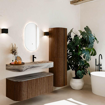 MONDIAZ THOR-DLUX 110cm badmeubel ronding links + rechts kleur Walnut met 1 lade en 2 deuren. Vrijhangende wastafel CLOUD Rechts 1 kraangat kleur Sombra.