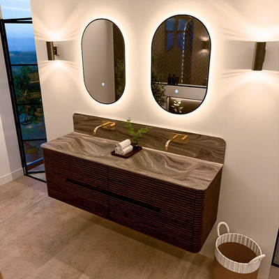 Mondiaz CIRO-DLUX Badkamermeubelset - 150x45x50cm - Solid surface wastafel Sombra - 2 wasbak Dubbel - zonder kraangaten - 4 lades - Walnut