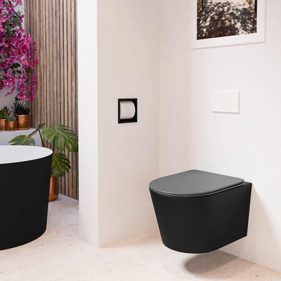 Mondiaz LAVIE hangtoilet – spoelrandloos – 36 x 53 cm – met softclose zitting – Urban (zwart), zitting Dark grey (grijs)