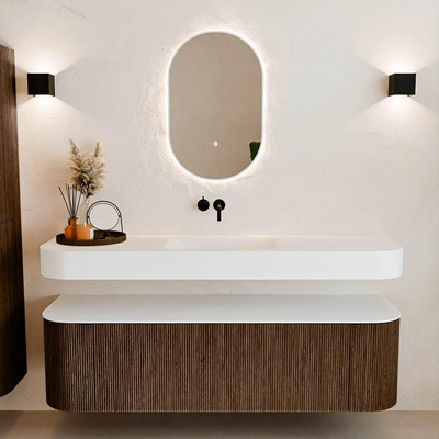 MONDIAZ THOR Meuble de salle de bains 160cm arrondi gauche + droite couleur Walnut avec 1 tiroir et 2 portes. Vasque suspendue CLOUD Milieu sans trou de robinet couleur Talc.