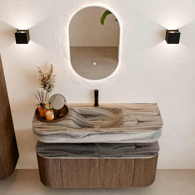 MONDIAZ THOR-DLUX 120cm badmeubel ronding links + rechts kleur Walnut met 1 lade en 2 deuren. Vrijhangende wastafel CLOUD Midden 1 kraangat kleur Sombra.