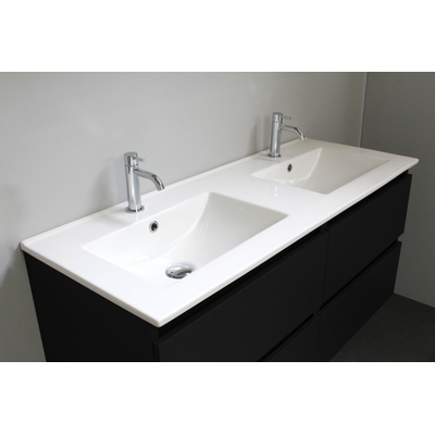 Basic Bella Meuble salle de bains avec lavabo céramique avec miroir et éclairage Blanc 120x55x46cm 2 trous de robinet Noir mat