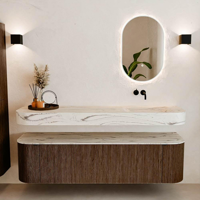 MONDIAZ THOR-DLUX 170cm badmeubel ronding links + rechts kleur Walnut met 1 lade en 2 deuren. Vrijhangende wastafel CLOUD Rechts zonder kraangat kleur Nata.
