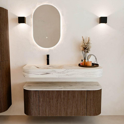 MONDIAZ THOR-DLUX Meuble de salle de bains 120cm arrondi gauche + droite couleur Walnut avec 1 tiroir et 2 portes. Vasque suspendue CLOUD Gauche 1 trou de robinet couleur Nata.