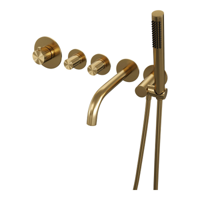 BRAUER Stripe Thermostatische Badkraan - SET 01 - inbouw - uitloop - staaf handdouche - doucheslang - wandaansluitbocht - goud geborsteld PVD
