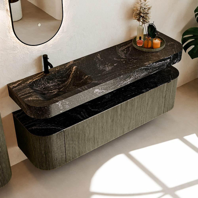 MONDIAZ THOR-DLUX Meuble de salle de bains 170cm arrondi gauche + droite couleur Shadow avec 1 tiroir et 2 portes. Vasque suspendue CLOUD Gauche 1 trou de robinet couleur Lava.