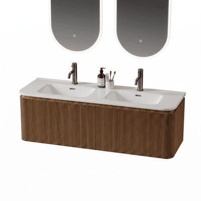 Royal Plaza Terra Edge Ensemble meuble de salle de bains - 140x45.5x46cm - vasque en céramique blanc brillant - 2 vasques - 2 trous de robinetterie - 2 tiroirs - sandwood (chêne clair)
