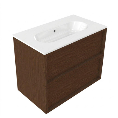 Saniclass Holz Frame Ensemble de meubles de salle de bains - 80x45x73.9cm - Chaci lavabo en céramique blanc - 1 vasque - sans trou de robinetterie - 2 tiroirs - mat walnut pure (bois)