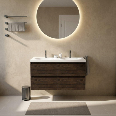 Saniclass Holz Pure Ensemble meuble de salle de bains - 120x45x63.5cm - lavabo en céramique Palermo blanc - 2 vasques - 2 trous de robinet - 4 tiroirs - chêne charcoal mat (bois)