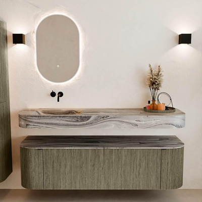 MONDIAZ THOR-DLUX 160cm meuble de salle de bains arrondi gauche + droite couleur Shadow avec 1 tiroir et 2 portes. Vasque suspendue CLOUD Gauche sans trou de robinet couleur Sombra.