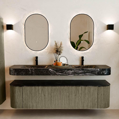 MONDIAZ THOR-DLUX 180cm meuble de salle de bains arrondi gauche + droite couleur Shadow avec 2 tiroirs et 2 portes. Vasque suspendue CLOUD Double 2 trous de robinet couleur Lava.