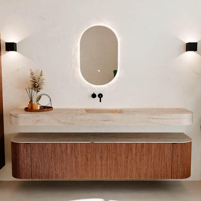 MONDIAZ THOR-DLUX 200cm meuble de salle de bains arrondi gauche + droite couleur Ruby avec 2 tiroirs et 2 portes. Vasque suspendue CLOUD Milieu sans trou de robinet couleur Saba.