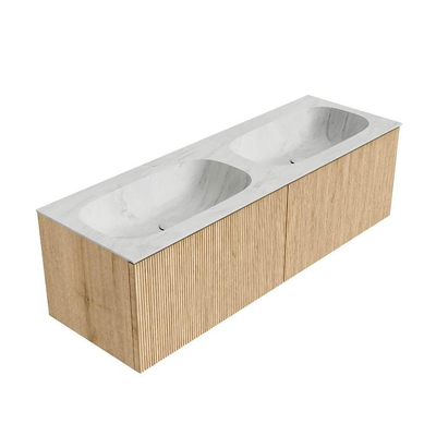 MONDIAZ KURVE-DLUX 140cm badmeubel kleur Oak met 2 lades. Wastafel STOR SMALL dubbel 2 kraangaten kleur Opalo.