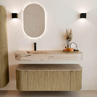 MONDIAZ THOR-DLUX 130cm meuble de salle de bains arrondi gauche + droite couleur Dusk avec 1 tiroir et 2 portes. Vasque suspendue CLOUD Gauche 1 trou de robinet couleur Arena.