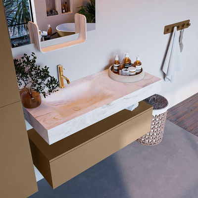 Mondiaz ALAN-DLUX Ensemble de meuble - 110cm - meuble Oro mat - 1 tiroir - Lavabo Cloud Ostra suspendu - vasque Gauche - 1 trou de robinet