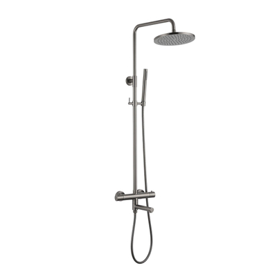 Fortifura Calvi Regendoucheset - thermostatisch - 25cm hoofddouche - metalen slang - staaf handdouche - draaibare baduitloop - Geborsteld Gunmetal PVD