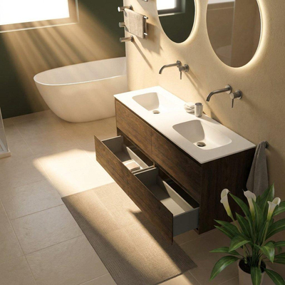 Saniclass Holz Pure Ensemble de meubles de salle de bains - 140x45x61.5cm - lavabo Flow en solid surface blanc - 2 vasques - sans trous de robinetterie - 4 tiroirs - chêne charcoal mat (bois)