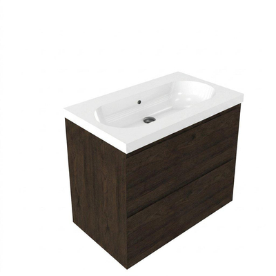 Saniclass Holz Pure Ensemble de meubles de salle de bains - 80x45x63.5cm - lavabo Palermo en céramique blanc - 1 vasque - sans trou de robinetterie - 2 tiroirs - chêne charcoal mat (bois)