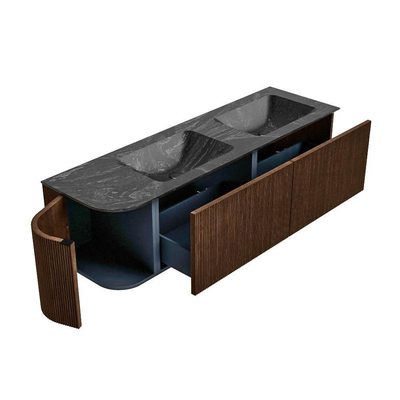 MONDIAZ KURVE-DLUX Meuble de salle de bains 155 cm avec module 25 L couleur Walnut avec 2 tiroirs et 1 porte. Lavabo LEAF double / à droite 2 trous de robinet couleur Lava.