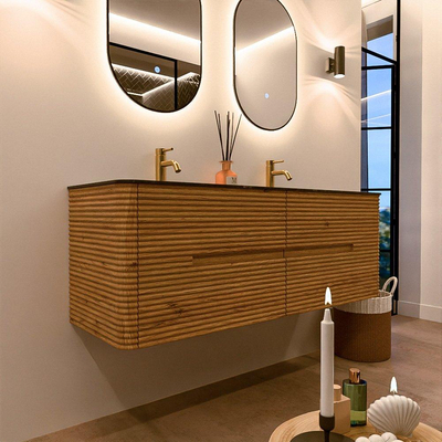 Mondiaz CIRO-DLUX Badkamermeubelset - 140x45x50cm - Solid surface wastafel Lava - 2 wasbak Dubbel - 2 kraangaten - 4 lades - Oak