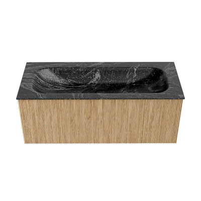MONDIAZ KURVE-DLUX Meuble de salle de bains 110 cm couleur Oak avec 1 tiroir. Lavabo BIG MEDIUM centré sans trou de robinet couleur Lava.