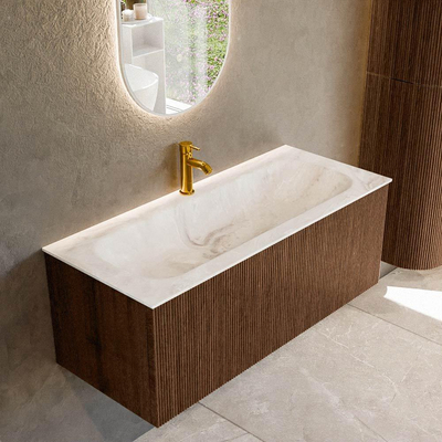 MONDIAZ KURVE-DLUX 110cm badmeubel kleur Walnut met 1 lade. Wastafel BIG MEDIUM midden 1 kraangat kleur Frappe.