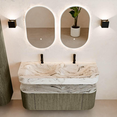 MONDIAZ THOR-DLUX 130cm meuble de salle de bains arrondi gauche + droite couleur Shadow avec 1 tiroir et 2 portes. Vasque suspendue CLOUD Double 2 trous de robinet couleur Glace.