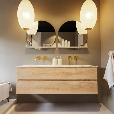 MONDIAZ VICA-DLUX Ensemble meuble de salle de bains - 150cm - meuble bas Washed oak - 2 tiroirs - lavabo encastré cloud double - sans trous de robinet - version haute 60cm - frape