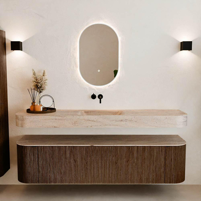 MONDIAZ THOR-DLUX 180cm badmeubel ronding links + rechts kleur Walnut met 2 lades en 2 deuren. Vrijhangende wastafel CLOUD Midden zonder kraangat kleur Saba.