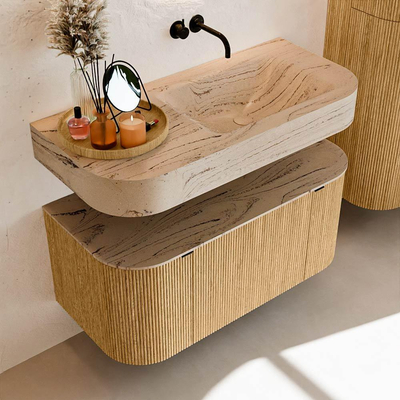 MONDIAZ THOR-DLUX 100cm badmeubel ronding links + rechts kleur Oak met 1 lade en 2 deuren. Vrijhangende wastafel CLOUD Rechts zonder kraangat kleur Arena.