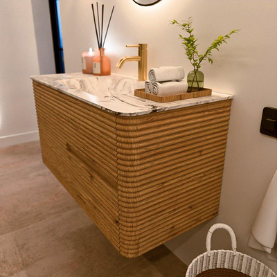 Mondiaz CIRO-DLUX Ensemble de meubles de salle de bains - 100x45x50cm - Plan vasque solid surface Glace - 1 vasque centrale - 1 trou de robinet - 2 tiroirs - Chêne