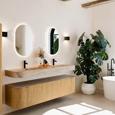 MONDIAZ THOR-DLUX Meuble de salle de bains - 180cm - arrondi gauche + droite - couleur Oak - 2 tiroirs et 2 portes - Lavabo suspendu CLOUD Double 2 trous de robinet - couleur Arena