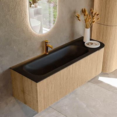 MONDIAZ KURVE 135cm badmeubel met module 25 R kleur Oak met 1 lade en 1 deur. Wastafel BIG MEDIUM links 1 kraangat Urban.