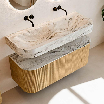 MONDIAZ THOR-DLUX 120cm meuble de salle de bains arrondi gauche + droite couleur Oak avec 1 tiroir et 2 portes. Vasque suspendue CLOUD Double sans trou de robinet couleur Glace.