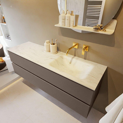 Mondiaz VICA-DLUX ensemble de meuble de salle de bain - 150cm - meuble sous-vasque fumée - 2 tiroirs - lavabo encastré cloud droite - sans trous de robinet - version haute de 60cm - opalo